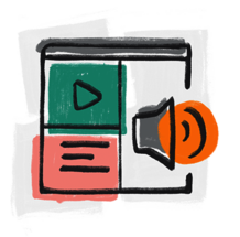 Illustration of an application window with a variety of interactive options, such as a play button, a speaker and text.